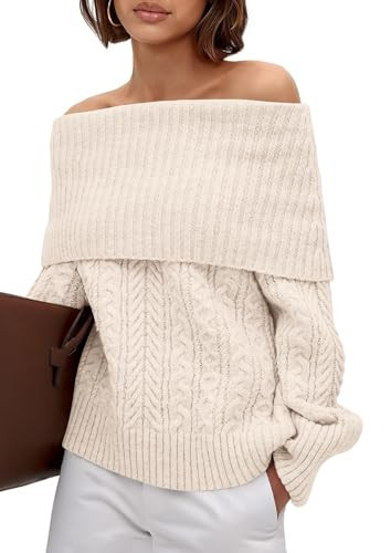 MASCOMODA Womens Sweaters Off The Shoulder Long Sleeve Cable Knit Sweater Loose Chunky Pullover Dressy Work Tops Fall Fashion(Beige,X-Small) | Amazon (US)