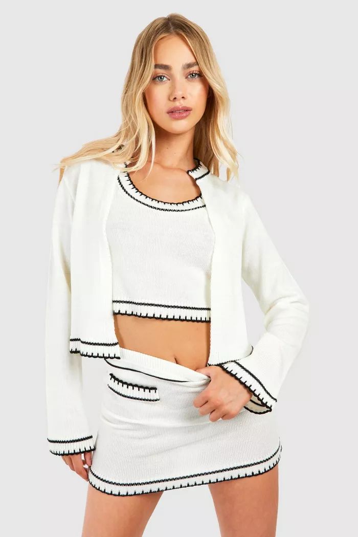 Contrast Stitch 3 Piece Knitted Cardigan, Crop Top And Mini Skirt Set | boohoo (US & Canada)