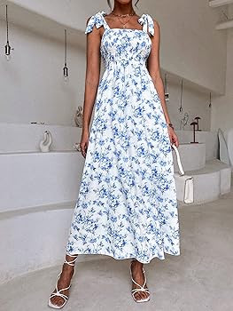 MakeMeChic Women's Floral Print Square Neck Shirred Sleeveless Long Summer Dress | Amazon (US)