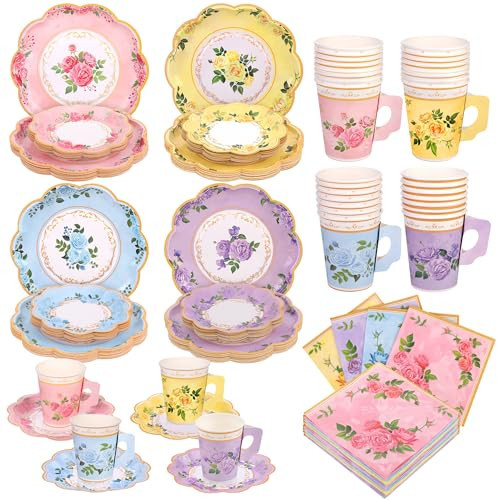Kochorie 96 Piece Floral Paper Tea Cups and Saucers 9 Oz Teacup with Handle 9 Inch and 7 Inch Paper Plate Napkin Disposable Tea Party Supplies Serve 24 for Wedding Birthday, Pink, Blue, Yellow, Purple | Amazon (US)