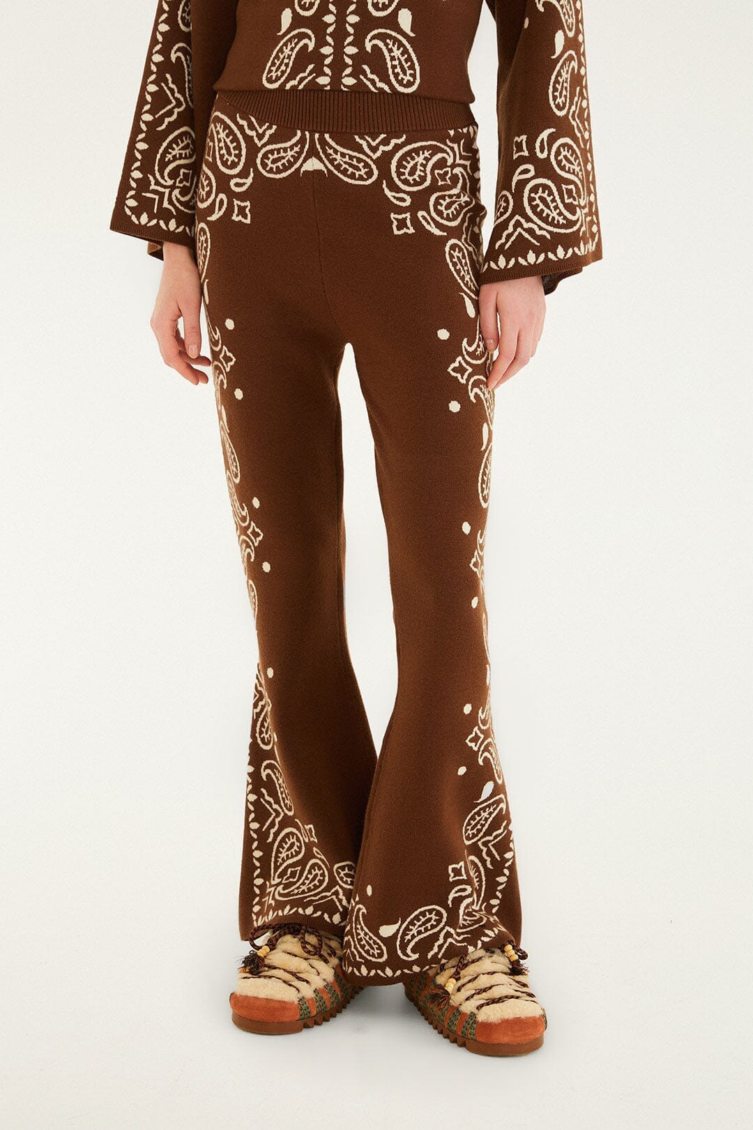Brown Bohemian Paisley Flare Knit Pants | FARM Rio | FarmRio (US)
