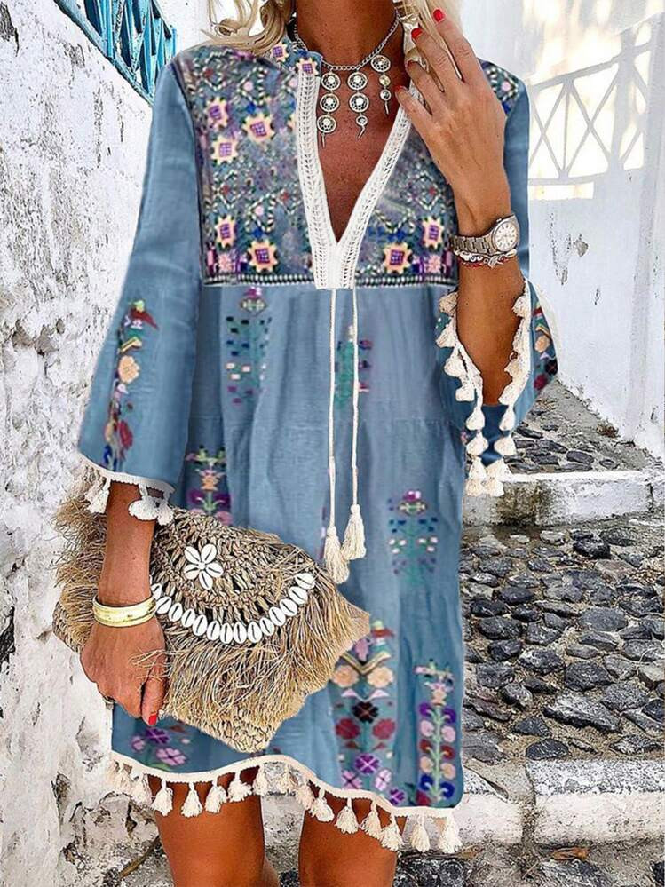 EMERY ROSE Women's V-Neck Fringed Decor Flower Embroidered Summer Casual Holiday Dress | SHEIN