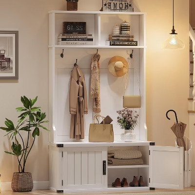 Acekool 76" Hall Tree with Bench, Shoe Storage, Coat Rack & 5 Hooks, Adjustable Shelf, Entryway Organizer, White, Space Saving | Target