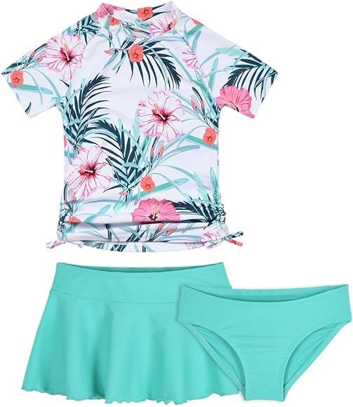 Cadocado Girls Chic 3 Pieces Rash Guard Swimwear UPF 50+ Floral Short Sleeve Swim Set | Amazon (US)
