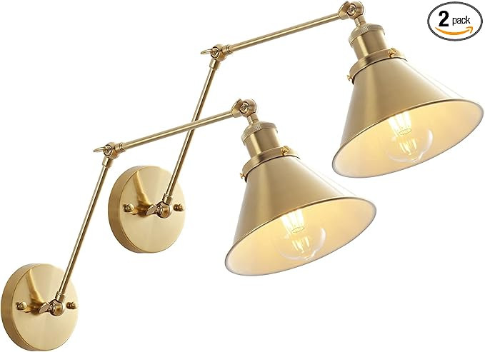 Gold Swing Arm Wall Lamp, Adjustable Hardwired Wall Sconce Set of 2 with Cone Shade Rotatable arm... | Amazon (US)