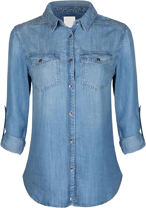 Design by Olivia Women's Classic Vintage Long/Roll Up Sleeve Button Down Denim Chambray Shirt (S-... | Amazon (US)