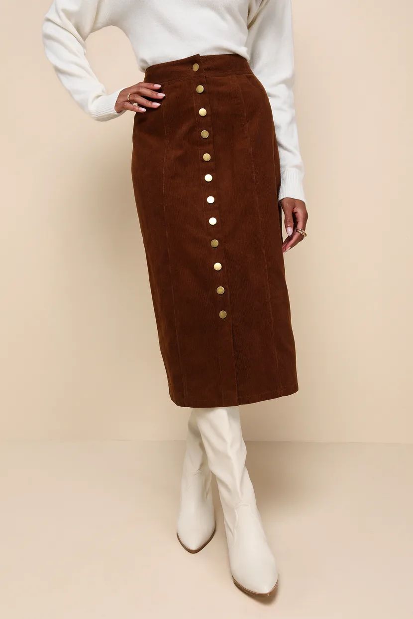 Seasonal Feelings Brown Corduroy Button-Front Midi Skirt | Lulus (US)