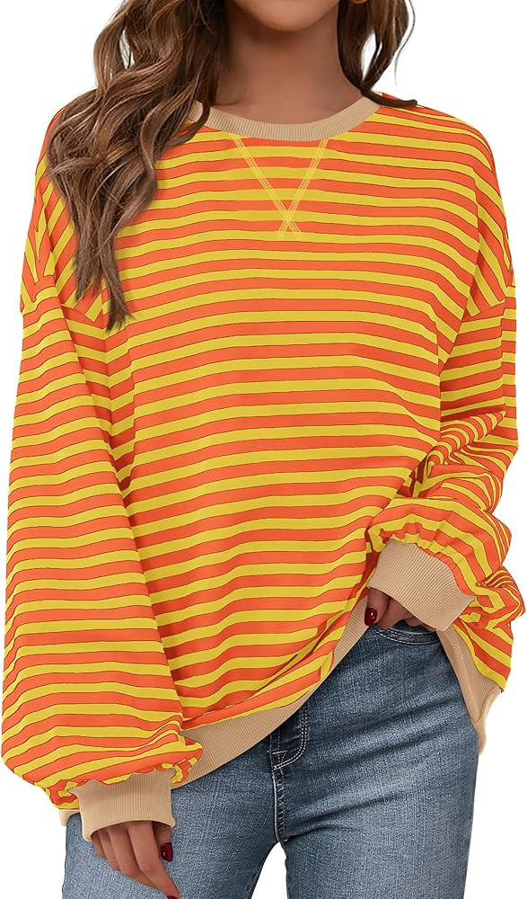 BTFBM Womens Oversized Striped Sweatshirt Crewneck Long Sleeve Pullover Top Casual Y2K Fall Cloth... | Amazon (US)