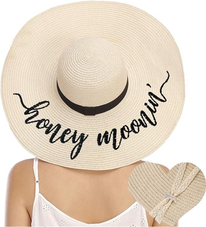 Womens Paper Floppy Embroidered Wide Brimb Adjustable Beach Party Sun Hat with Ribbon Band with W... | Amazon (US)