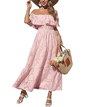 Women's 2024 Summer Dress Off Shoulder High Waist Beach Dress Ruffled Short Sleeve Floral Tiered ... | Amazon (US)