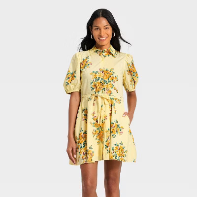 Women's Puff Sleeve Mini Shirtdress - A New Day™ Yellow Floral L | Target