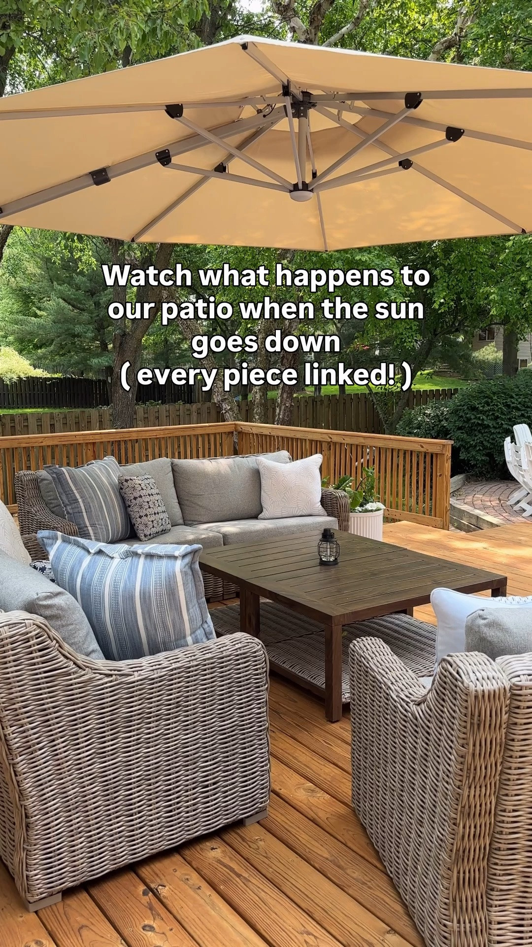 Our patio is honestly two different spaces depending on the time of day. In the afternoon it's all sun, throw pillows, and wet feet. Around 8pm everything shifts-candles get lit, the umbrella lights up, and it turns into the spot we don't want to leave.
Linking every piece that makes both work — the furniture, the rug, the planters, the candles I keep restocking, and yes, the lit umbrella everyone asks about. Mix of Wayfair, Target, and a few splurges that were worth it.





outdoor patio lighting, solar patio umbrella, lighted patio umbrella, outdoor candles , flameless outdoor candles, patio refresh, backyard makeover, outdoor living, shop my patio, patio sectional, outdoor rug, outdoor planters, summer patio, evening patio decor

#LTKHome