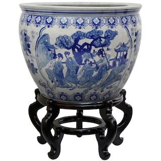 16 in. Ladies Blue and White Porcelain Fishbowl | The Home Depot