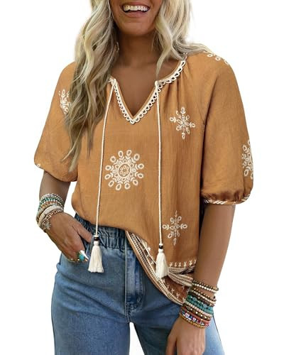 Vivilli Boho Blouses for Women, Beach Vacation Clothes for Women Summer Outfits Casual Tops V Neck Flowy Short Sleeve Cute Loose Fit Western Plus Size Babydoll Tops Trendy Blouses Tropical Brown XL | Amazon (US)