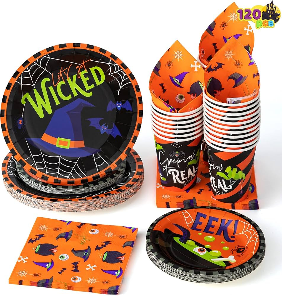 JOYIN 120 PCS Halloween Party Supplies Set with 30 Pcs Plastic Cups, 30 Pcs 9" Paper Plates, 30 P... | Amazon (US)