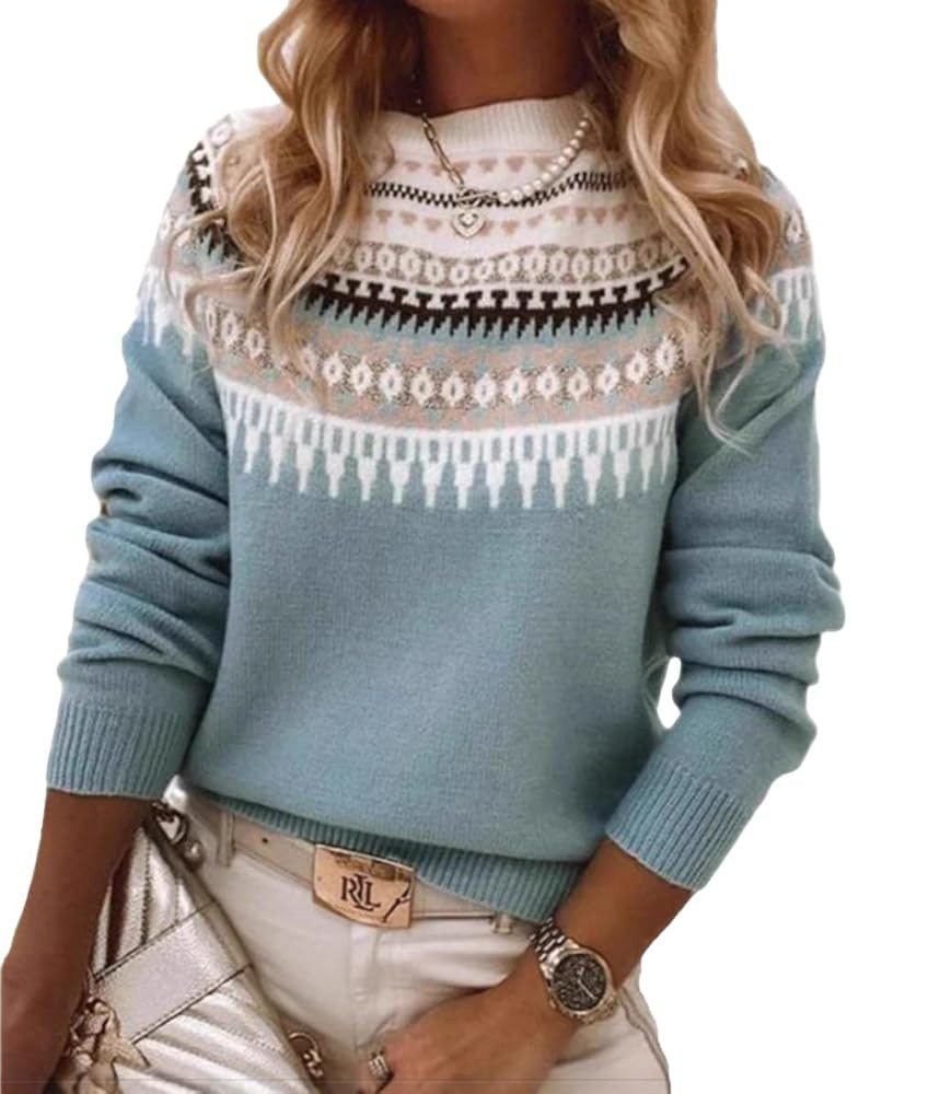 Fair Isle Sweater Women Crewneck Knitted Long Sleeve Pullover Sweater Tops | Amazon (US)