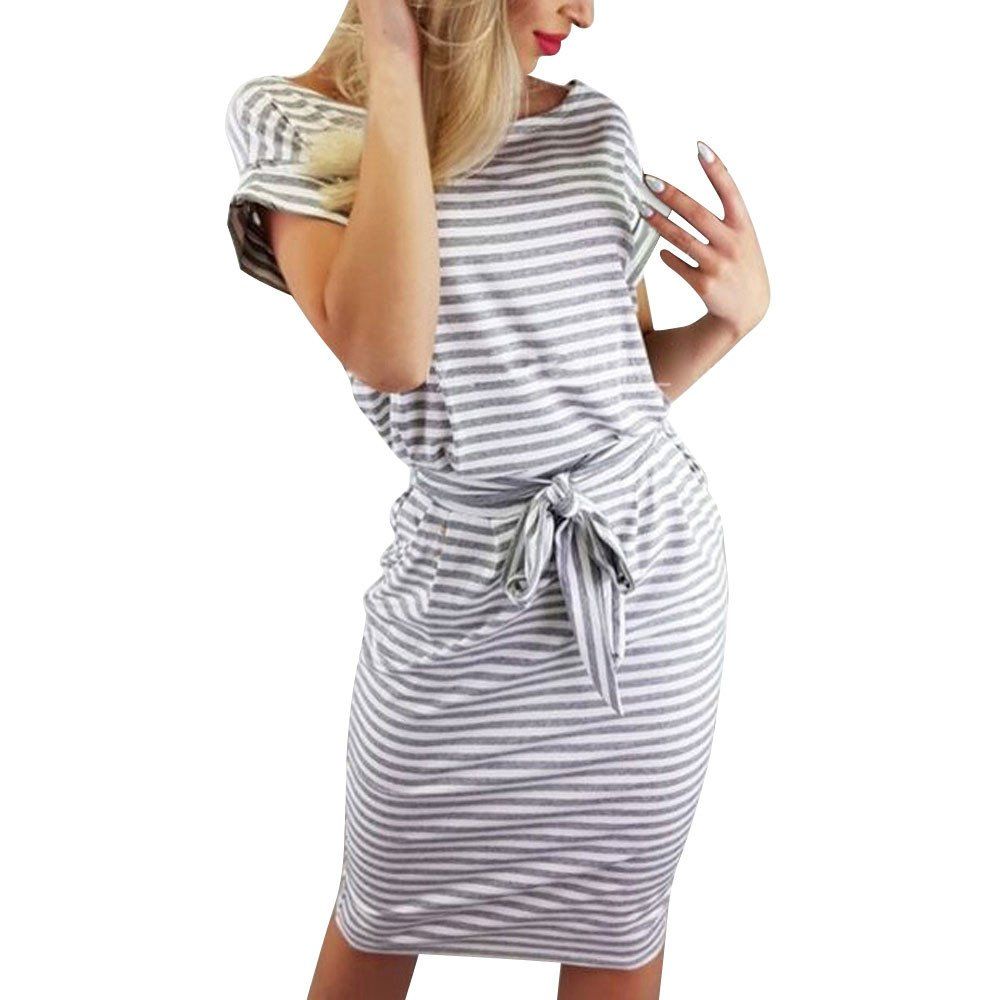 Summer Dress for Women Casual Short Sleeve Striped Tie Waist Beach Dress | Amazon (US)