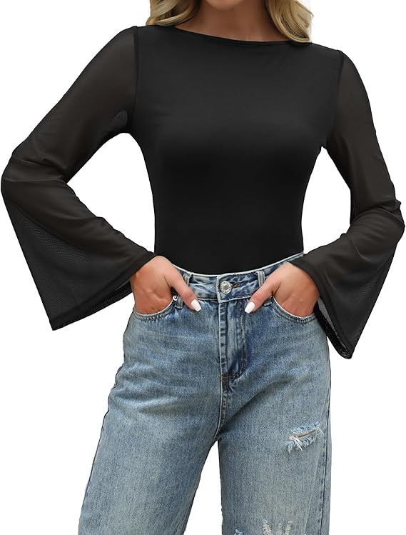 Gleeneat Going Out Tops for Women Bell Sleeve Shirts Fall Trendy Boat Neck Top | Amazon (US)