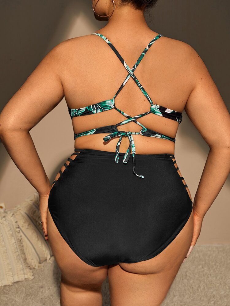 Plus Tropical Print Lace-up Back Cut Out High Waist Bikini Swimsuit | SHEIN