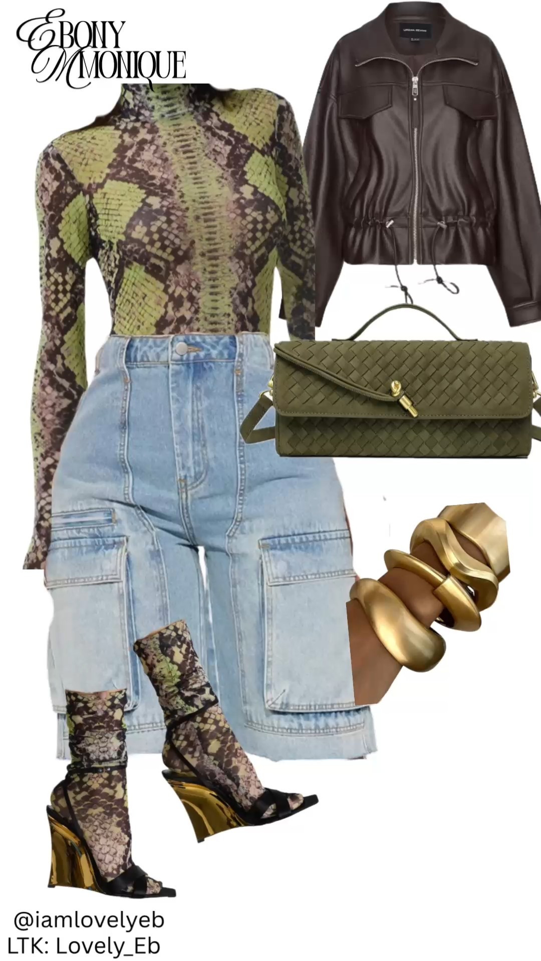 A statement snake-print mesh top layered with a relaxed faux leather jacket, paired with a utility denim mini for that effortless cool-girl edge. Finished with sculptural gold heels, stacked bangles, and a woven olive clutch to tie the whole palette together. Neutral, bold, and anything but basic.

#LTKootd #LTKValentine #LTKgrwm