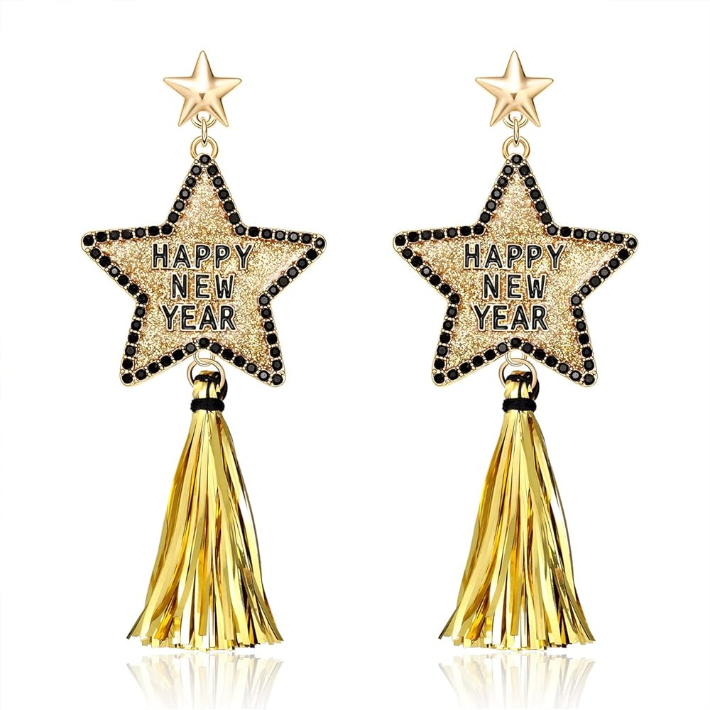 New Years Eve Earrings for Women Glitter Rhinestone Happy New Year Star Earrings Long Fringe Tass... | Amazon (US)