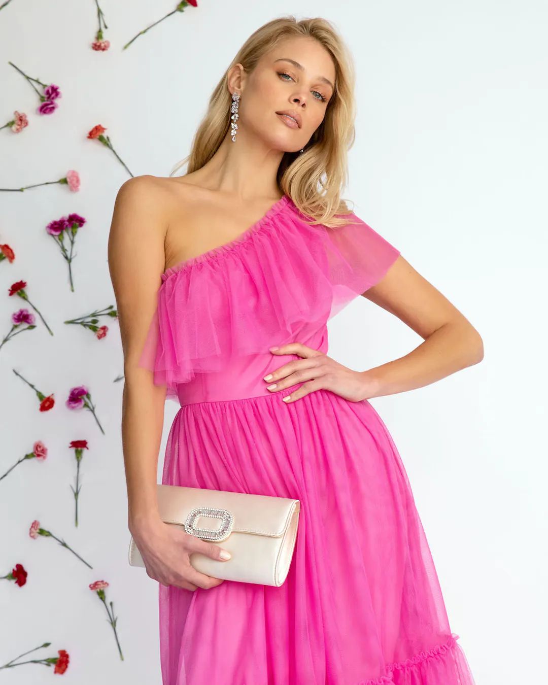 Adore You One Shoulder Tulle Tiered Midi Dress - Pink | VICI Collection