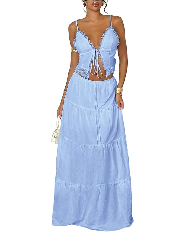 Floerns Women's 2 Piece Outfit Lace Trim Tie Front Camisole Top Tiered Maxi Skirts Set | Amazon (US)