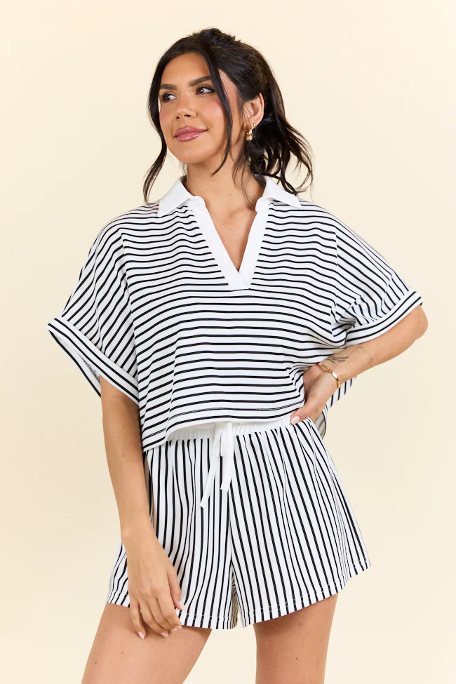 Move With Purpose White And Black Knit Striped Cropped Shirt | Pink Lily