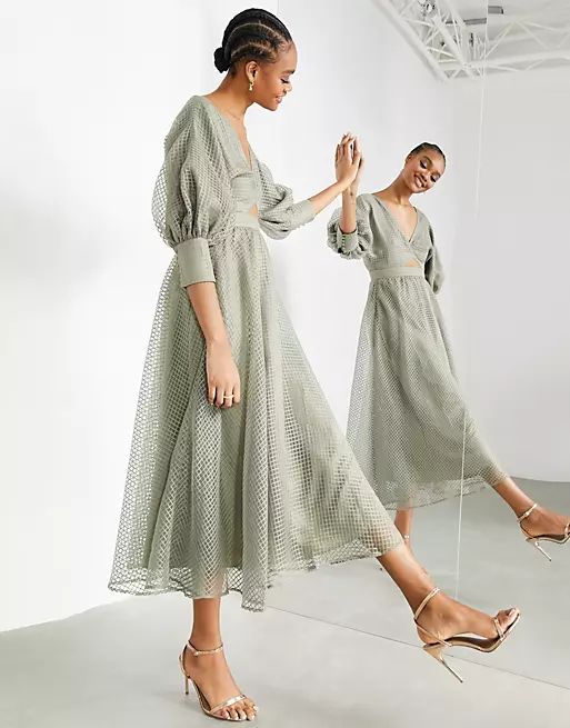 ASOS EDITION blouson sleeve midi dress in organza check in khaki | ASOS (Global)