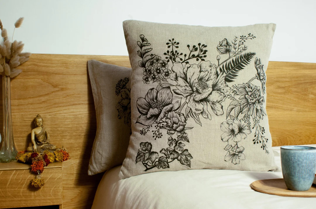 Square decorative cushion 45X45 washed linen printed with flower pattern and drawing tattoo tools | Etsy (US)