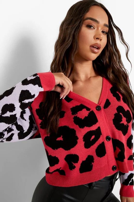 Leopard Print Colour Block Crop Cardigan | Boohoo.com (US & CA)