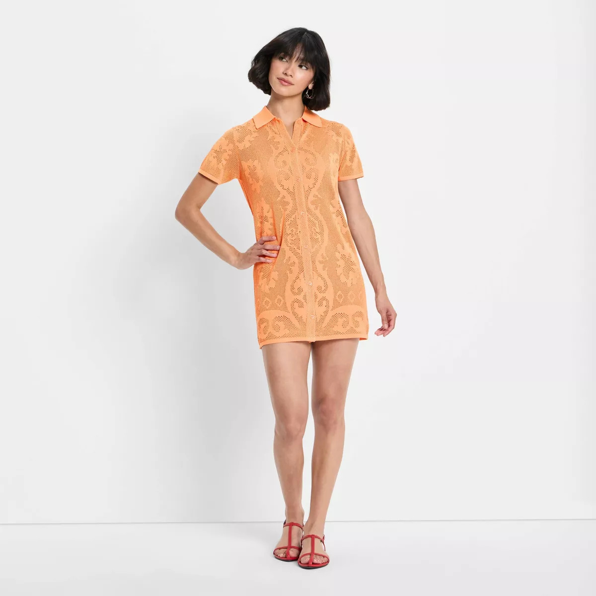 Women's Short Sleeve Mesh Button-Up Mini Sweater Dress - Future Collective | Target