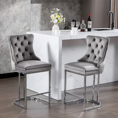 Lyngins Modern Velvet Counter Height Bar Stools Set of 2, Counter Stools with Button Back & Chrome Metal Base, Upholstered Kitchen Island Chair, Gray | Target