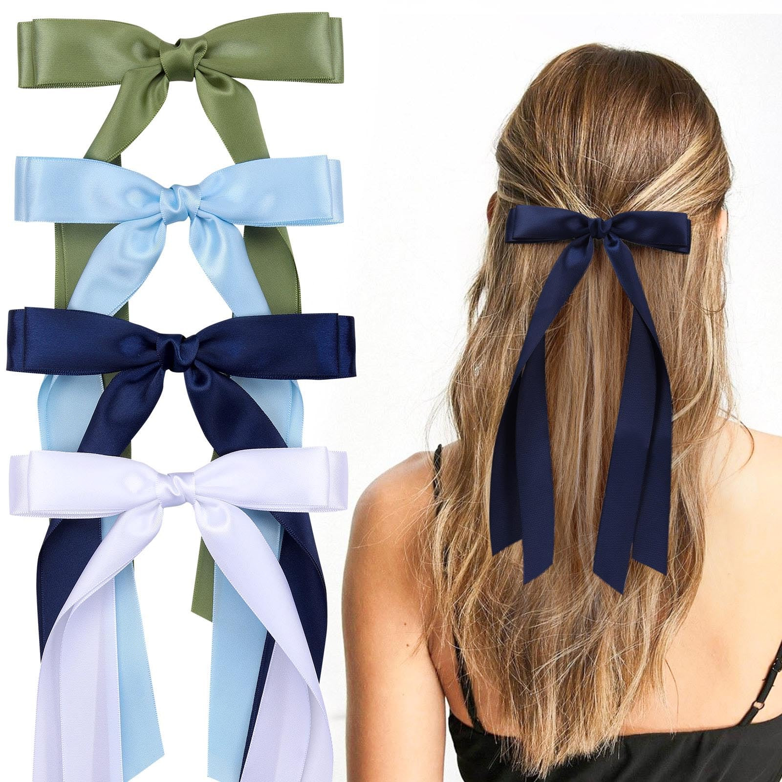 VOBOBE 4PCS Hair Bows for Women Girls, White Blue Satin Tassel Hair Ribbon Bowknot Hair Clips Bar... | Amazon (US)