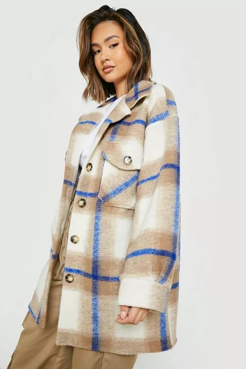 Tan Blue Check Shacket | Boohoo.com (US & CA)