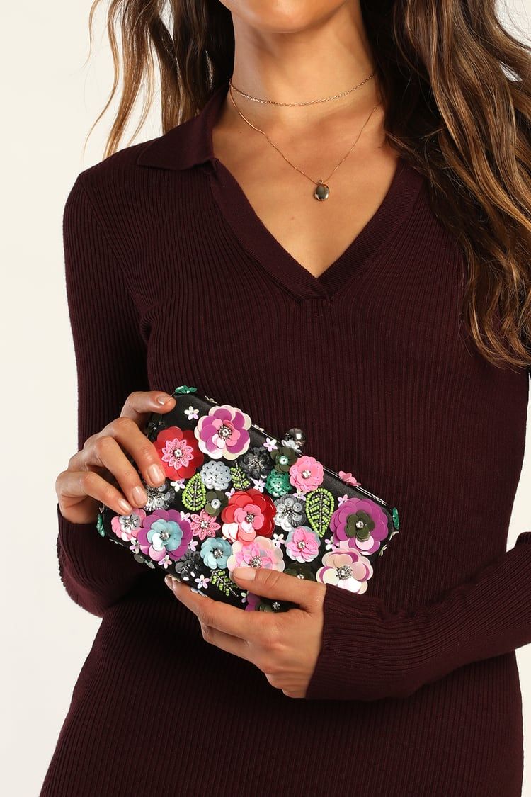 Flower Girl Forever Black Floral Beaded Sequin Clutch | Lulus (US)