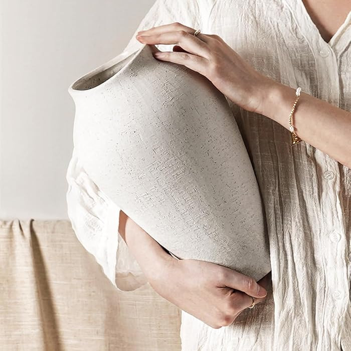 White Ceramic Vase - Large 11.8 Inch Tall Floor Vase for Centerpieces, Farmhouse Rustic Minimalis... | Amazon (US)