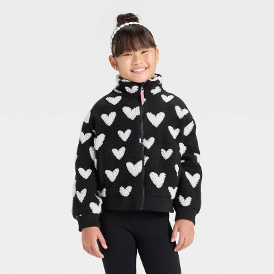 Girls' Hearts Fleece Jacket - Cat & Jack™ Black M | Target