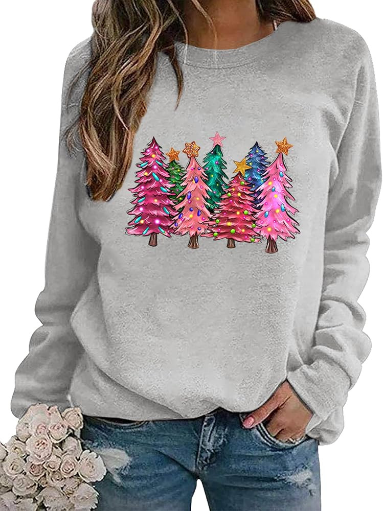 Christmas Sweatshirts Women Colorful Christmas Tree Graphic Shirt Xmas Holiday Party Long Sleeve ... | Amazon (US)