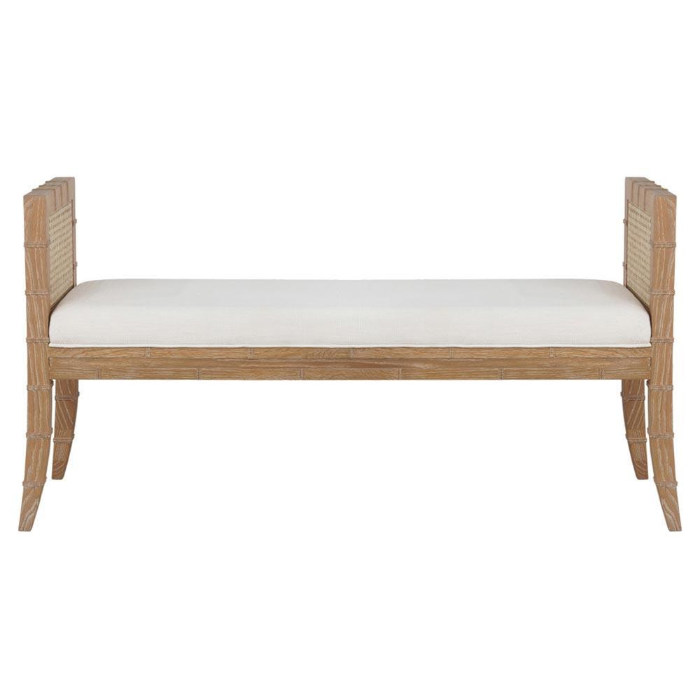 Worlds Away Benedict Brown Oak Woven Cane White Upholstered Entryway Bench | Kathy Kuo Home