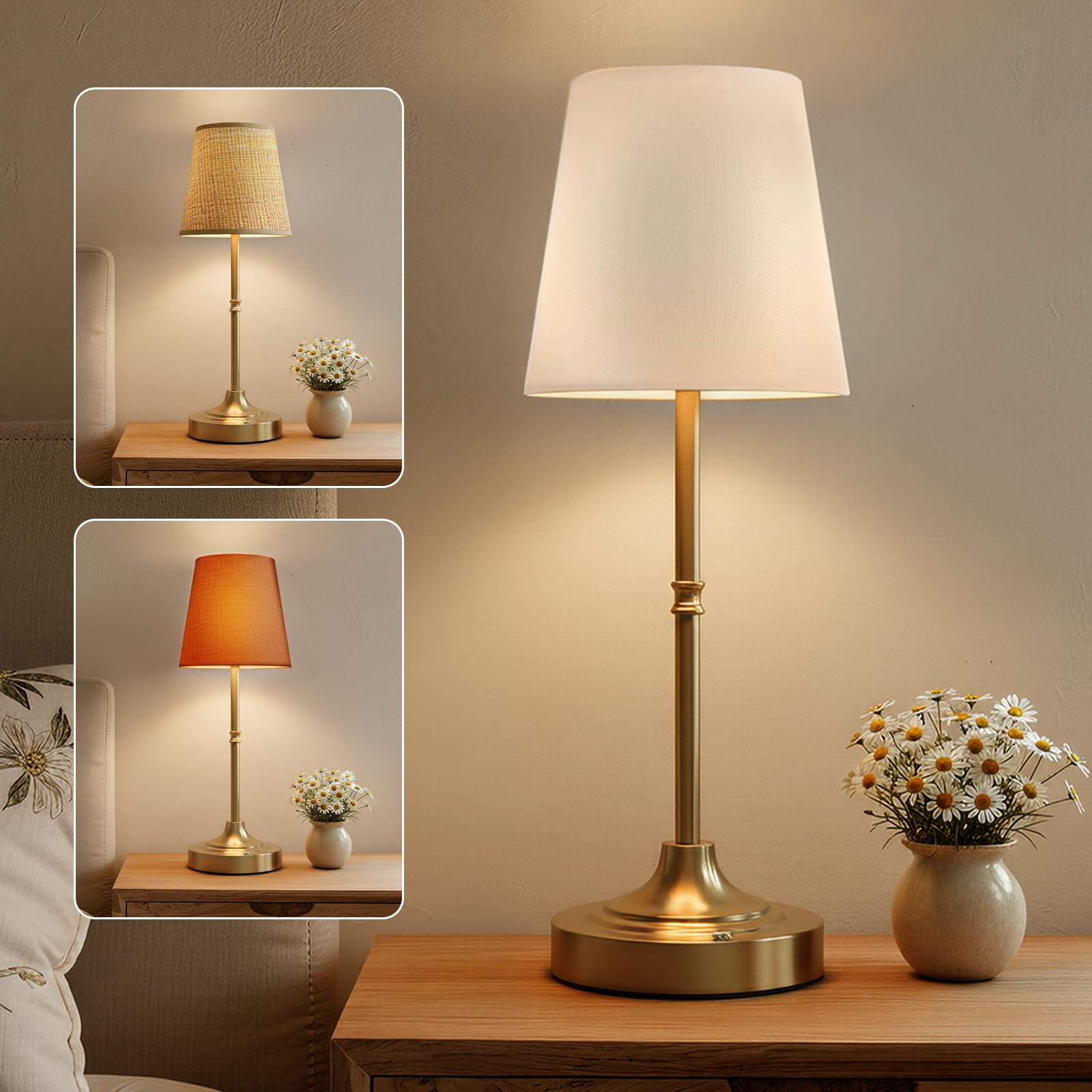 Cordless Rechargeable Lamp, Touch Dimmable Bedside Table Lamp with 3 Fabric Shade, 5200mAh Small ... | Amazon (US)