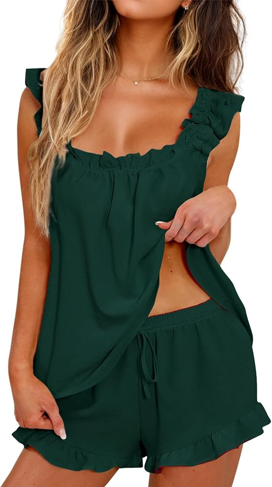 KFUBUO Womens Pajamas Set 2 Piece Ruffle Pj Soft Tank Top and Shorts Sleepwear Set Bridal Pajama ... | Amazon (US)