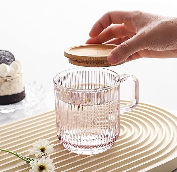 Lysenn Pink Glass Coffee Mug with Lid - Premium Classical Vertical Stripes Glass Tea Cup - for |L... | Amazon (US)