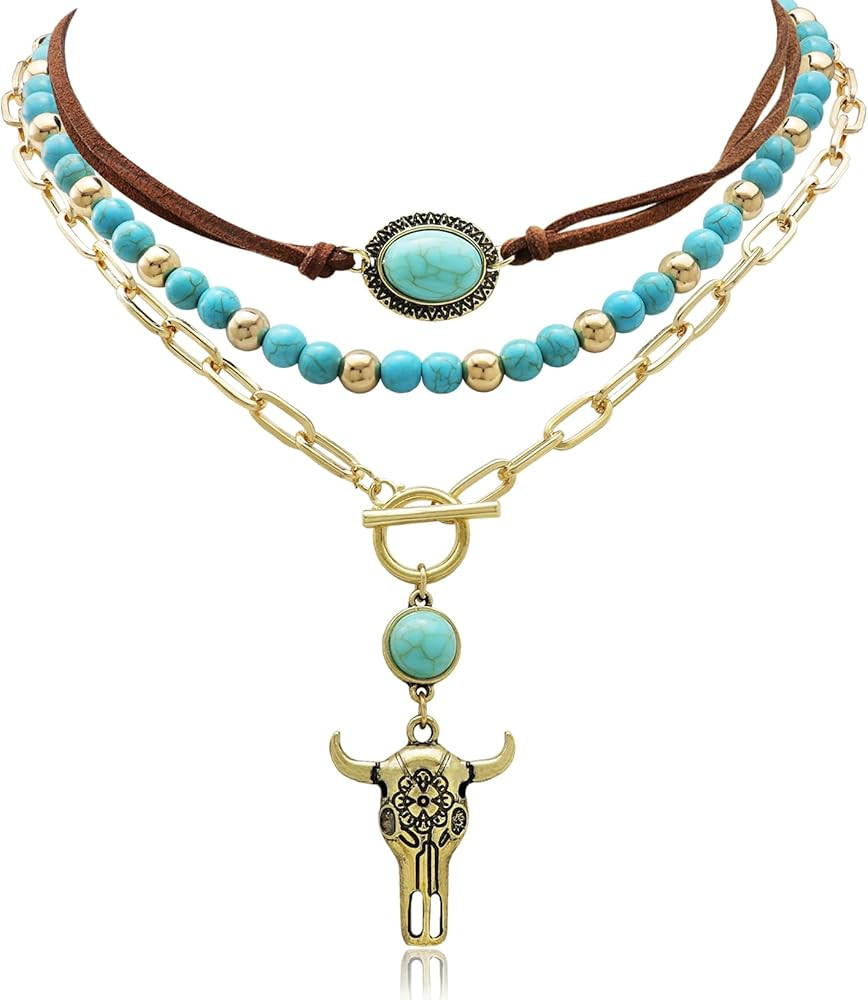 3 Pcs Layered Western Cowgirl Necklaces for Women Boho Turquoise Beaded Western Jewelry Rhineston... | Amazon (US)