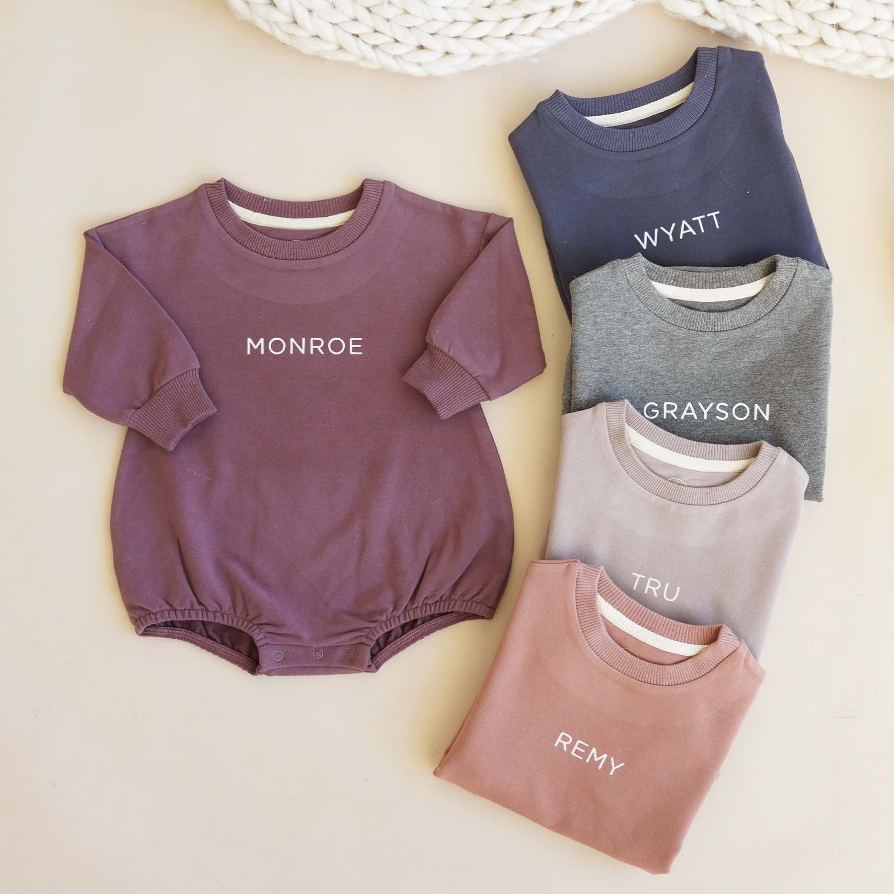 Personalized Sweatshirt Bubble Romper | Moody Solids | Caden Lane