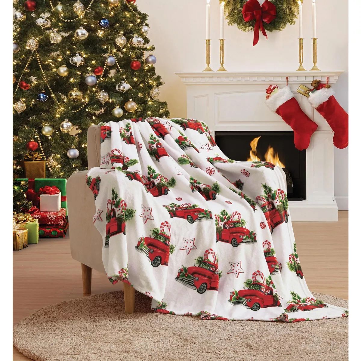 Kate Aurora Holiday Red Pickup Trucks, Candy Canes & Christmas Trees Accent Throw Blanket - 50 in... | Target