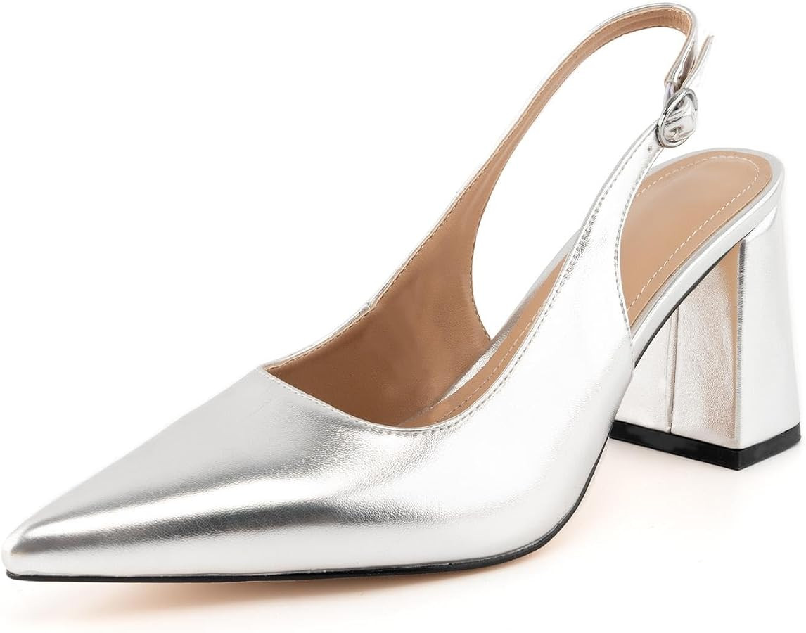 heelchic Silver Heels for Women Slingback Pointed Closed Toe Block Heels Patent Leather Pumps Com... | Amazon (US)