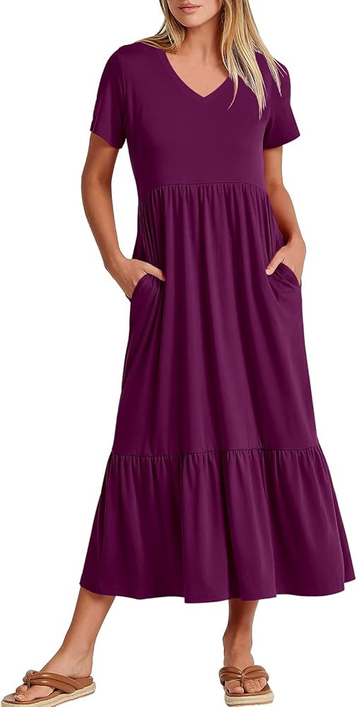 ANRABESS Women's Summer Casual Short Sleeve V Neck Swing Dress Casual Flowy Tiered Maxi Beach Dre... | Amazon (US)