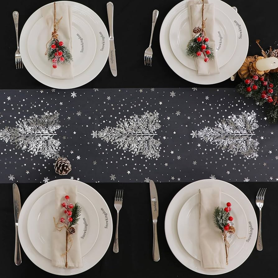 Snowkingdom Silver Christmas Tree Table Runner Xmas Winter Snowflakes 120 Inch Sparkly Glitter Me... | Amazon (US)