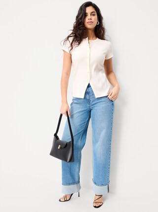 Short-Sleeve Ribbed Button-Down Top | Old Navy (CA)